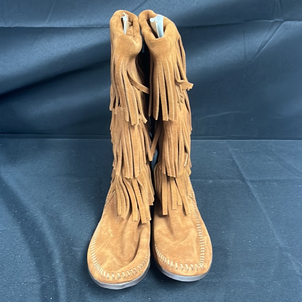 Minnetonka Tan Suede Fringe Knee-High Boots